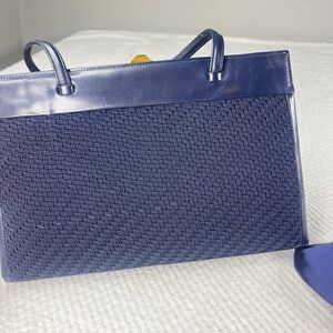 Vintage Mark Cross Handbag w/mirror and coin purse Blue Leather Woven Top Handle
